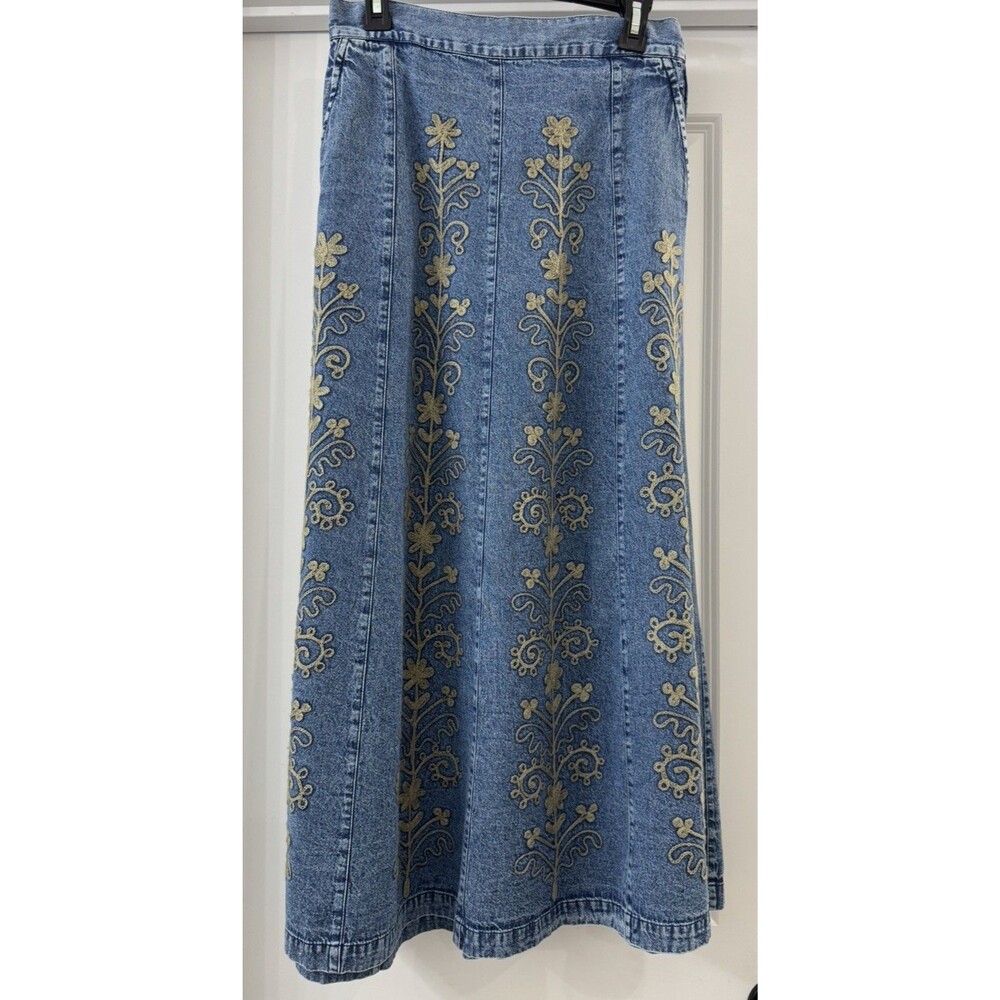 Young Threads Denim Hand Embroidered Western Maxi Skirt A-line pockets Cotton S